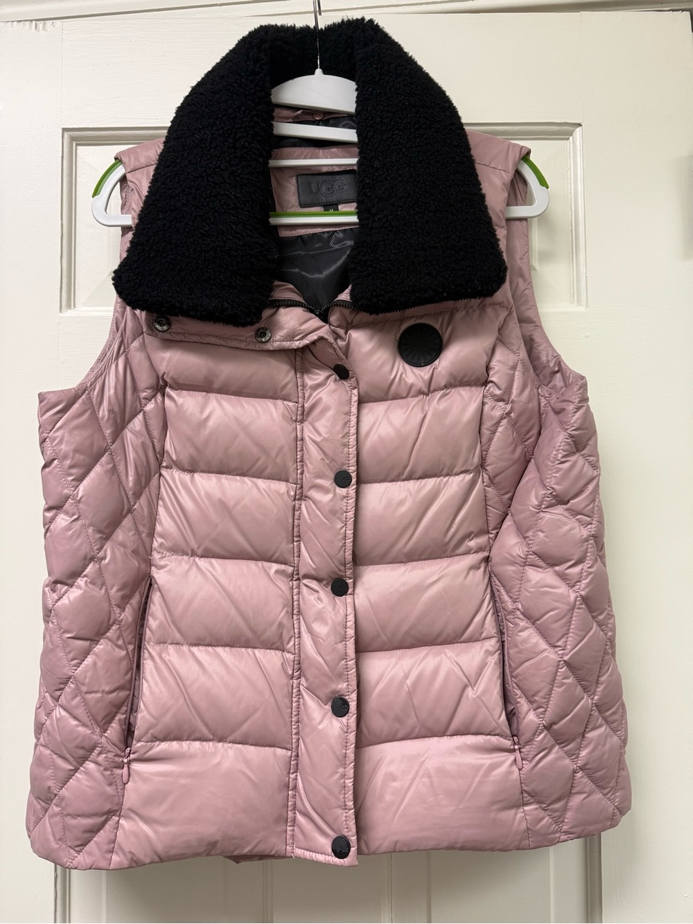 UGG Dusty Pink Quilted Down Puffer Vest with Black Sherpa Collar